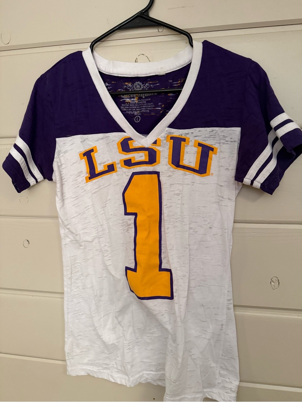 LSU Purple & White Football Tee with Gold Number